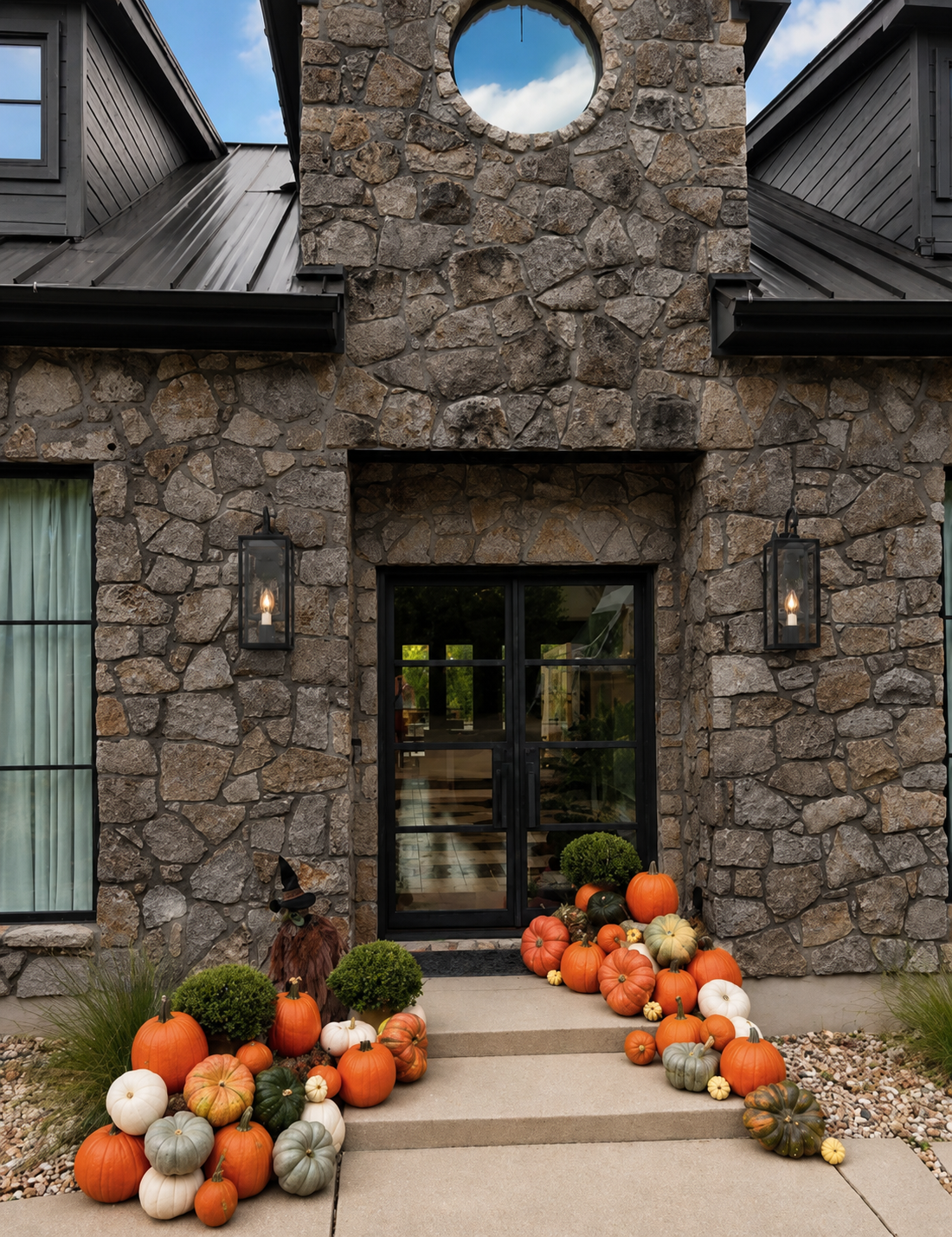 Stone estate entryway with an overflowing designer pumpkin installation on both sides