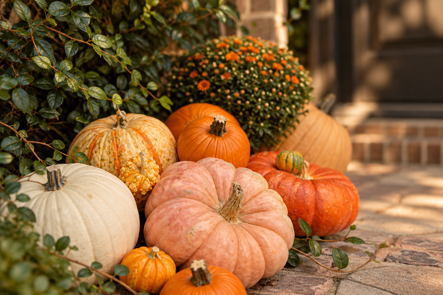 Heirloom pumpkins and gourds in blush, cream and orange clustered beside a blooming potted mum on a stone porch landing